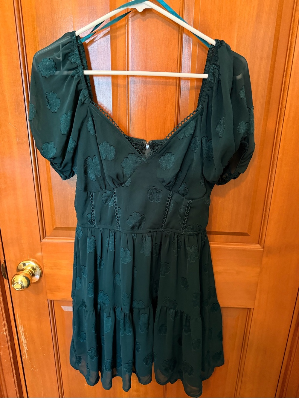 Trixxi Emerald Green Puff-Sleeve V-Neck Floral Mini Dress